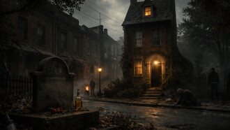 A decaying street shadows the preserved façade of Edgar Allan Poe’s former home, where memory, myth, and neglect blur into one uneasy landscape