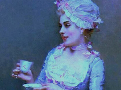 Detalle de una pintura de Raimundo Madrazo (1841-1920) en la que una joven dama bebe un chocolate caliente