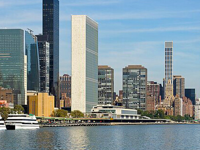 The Headquarters of the United Nations overlooking the East River in New York City, United States