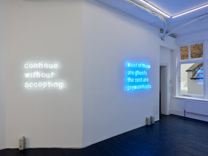 Tim Etchells, Continue without Accepting, 2023. Installation view. VITRINE Fitzrovia. Courtesy of the artist and VITRINE London/Basel. Photographer: Jonathan Bassett