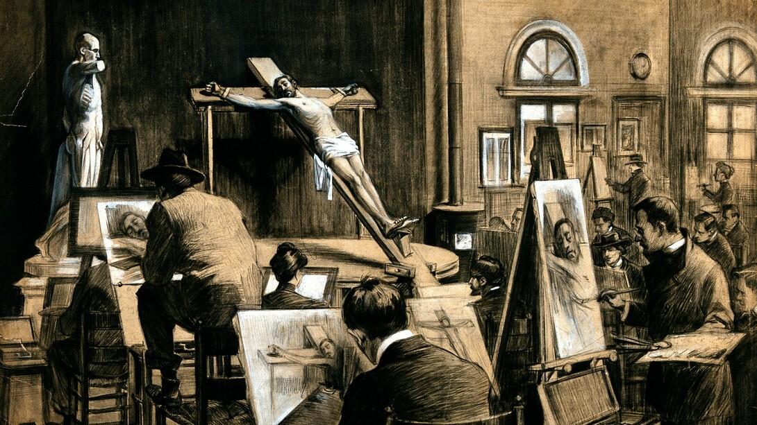 "Clase con modelo vivo en Roma con un modelo posando como crucificado", ilustración, Arturo Bianchini, 1902
