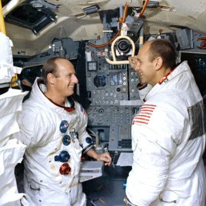 S69-56699 (22 Oct. 1969) — Astronauts Charles Conrad Jr. (left), Apollo 12 commander, and Alan L. Bean, lunar module pilot, are pictured inside the Apollo Lunar Module Mission Simulator during training at Kennedy Space Center (KSC). Apollo 12 was NASA’s second planned lunar landing mission. The third crewmember, astronaut Richard F. Gordon Jr., served as the command module pilot