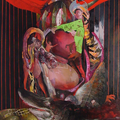 Chiara Sorgato, Creature di palude, 2014, olio su tela, 100 x 150 cm