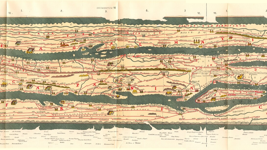 "Tabula Peutingeriana", sezione Campania-Puglia, copia del XII-XIII secolo di un'antica carta romana che riportaa le principali vie dell'Impero