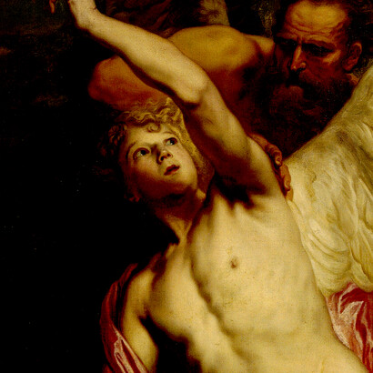 Detalle del «Dédalo fijando las alas en los hombros de Ícaro» (Pieter Thijs)