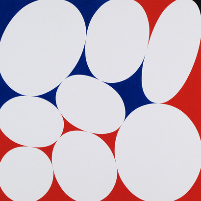 Cary Smith, Ovals #21 (red, blue, black), 2014, oil on linen, 22 x 22 inches