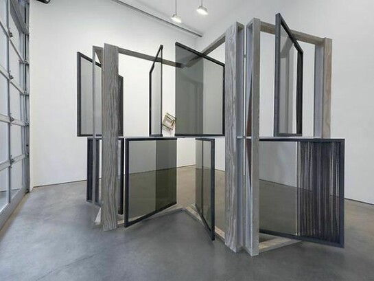 Heather Rowe, Suffusion Screen (her thoughts, means, and ends), 2014 Glass, mirror, plywood, wallpaper, paint, steel, fabric 13 x 88 x 24 in. (33 x 223.5 x 61 cm)