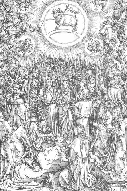 Albrecht Dürer Apocalisse,13,  Adorazione dell'agnello e canto degli eletti, xilografia, 1497-1498