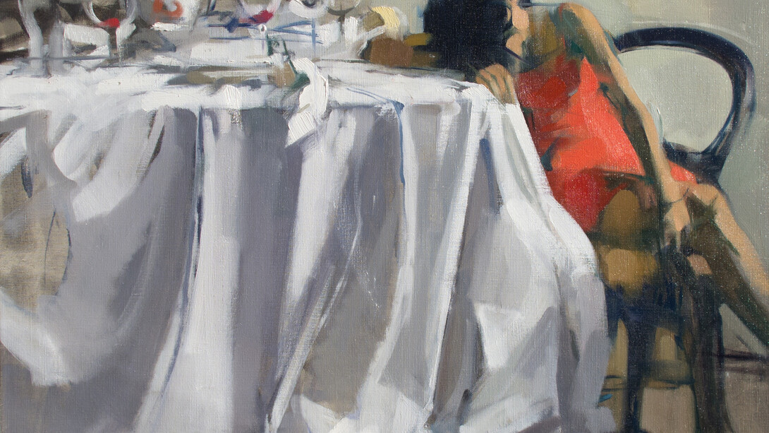 E. Red Dress, 22" x 30", Oil on Linen. Maggie Siner, 2016. Courtesy of J. Cacciola Gallery W