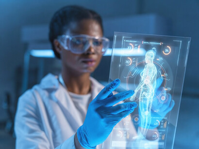 A doctor analyses a holographic brain projection in a futuristic medical laboratory