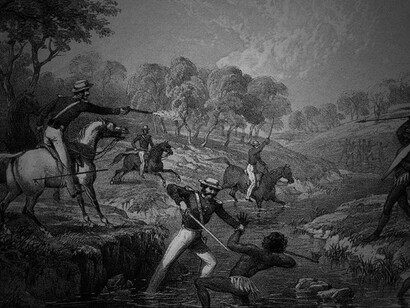 A tinted lithograph depicting the Waterloo Creek massacre carried out by the New South Wales Military Mounted Police. Held at the Australian War Memorial
