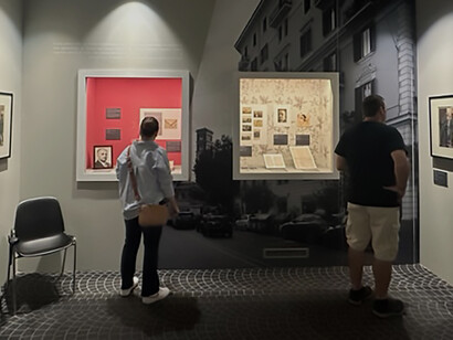 Publication of current exhibition at the Capitoline Museums located inside the Jewish Museum of Rome, entrance to Room 6, Rome, Italy 
