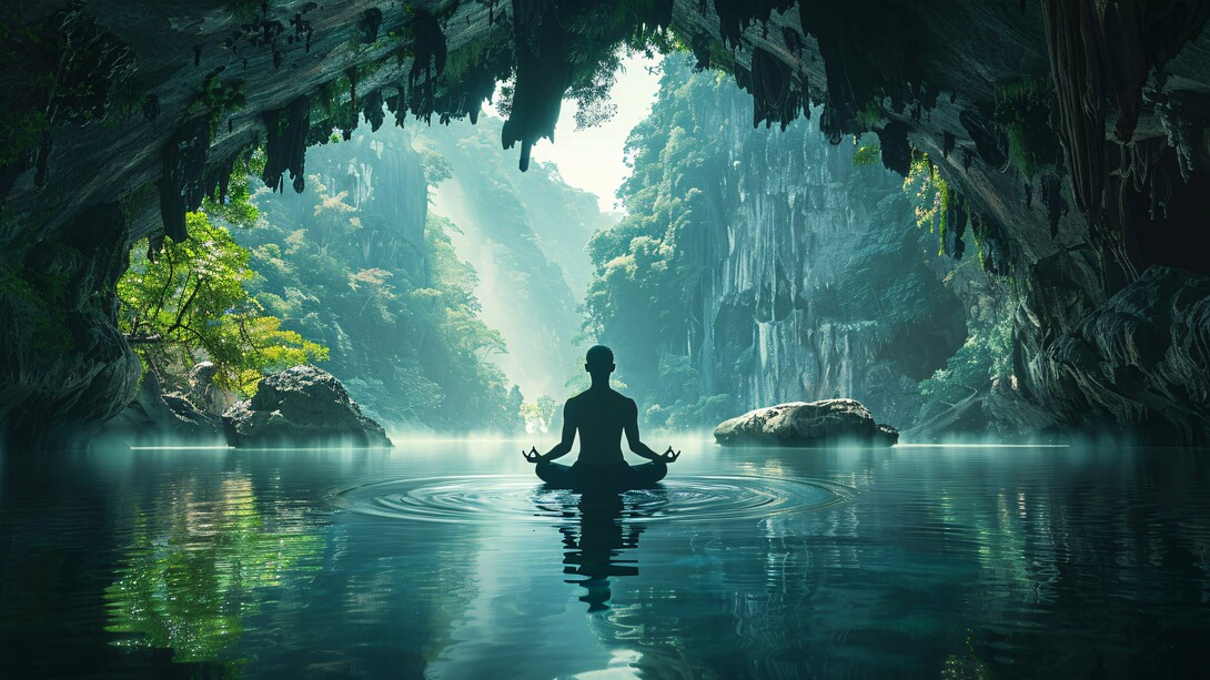 A person seated in meditation as gentle ripples spread across calm waters, symbolising the restorative power of silence and self-reflection