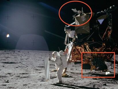 Luna, mare della tranquillità, 1969. Nel riquadro è visibile il MESA, dove era inserita la telecamera. Nel cerchio è visibile la piccola l’antenna per le trasmissioni con la Terra. L’astronauta visibile nell’immagine è Buzz Aldrin