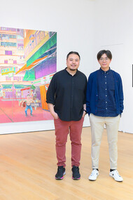 Chow Chun Fai and Stephen Wong Chun Hei stand together in Tang Contemporary Art, Hong Kong, China