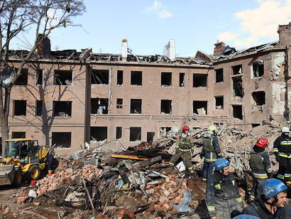 Damaged residential buildings on Georgiy Tarasenko Street in Kharkiv after a Russian missile strike on the night of 6 October 2023, which killed two people and injured 28 others, Ukraine