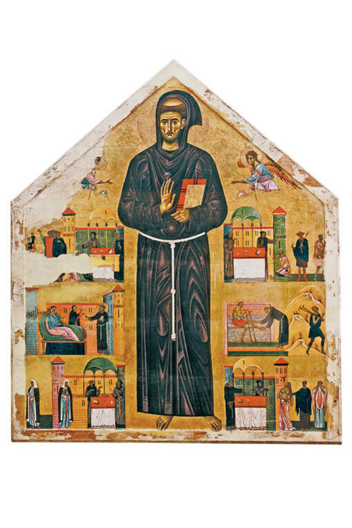 Giunta di Capitino, (Pisa, fine del XII secolo - doc. ancora nel 1265), San Francesco fra due angeli e sei miracoli, 1230-1235, Tavola, Pisa, Museo Nazionale di San Matteo