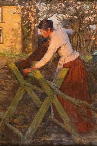 Henry Herbert La Thangue RA NEAC, 1859–1929, In a Cottage Garden (The Sawing Horse), 1896, oil on canvas, 114.3 x 88 cm, 45 x 345⁄8 in