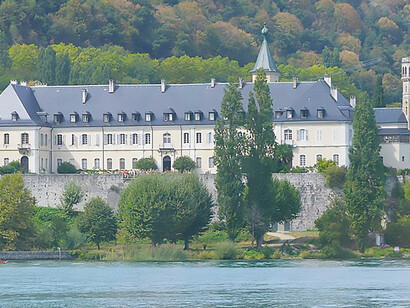 Sight, from the Bourget lake, of Hautecombe abbey in Savoie, France