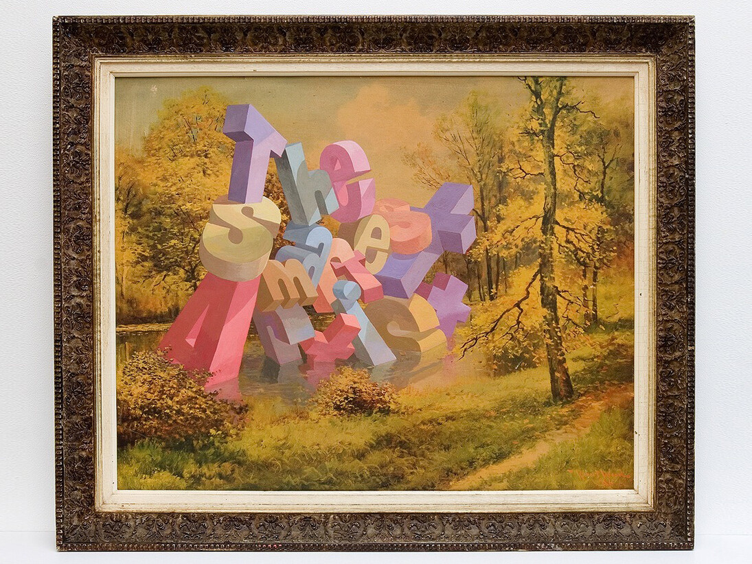 Wayne White, The Smartest Artist, 2014, Acrylic on offset lithograph, 30 x 35 inches