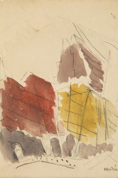 John Marin, American (Rutherford, New Jersey, 1870 – 1953, Cape Split, Maine), Buildings, Downtown New York, circa 1925, watercolor and graphite on paperboard, 6 x 5 in., Arkansas Arts Center Foundation Collection: Gift of Norma B. Marin. 