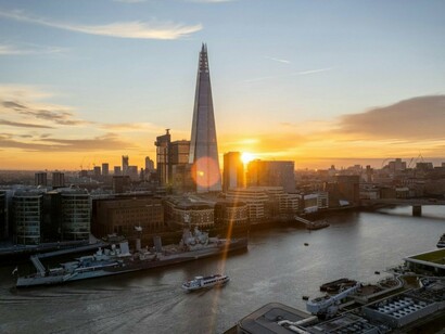 Modern London's skyline captured in the morning glow, reflecting the world that existed before infection reshaped it