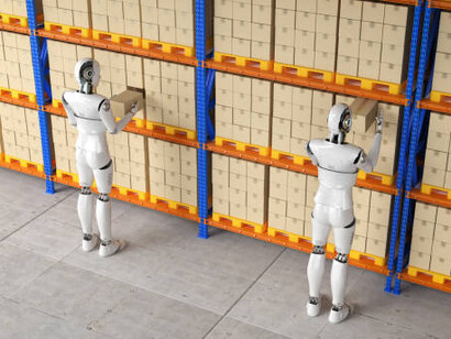 Smart factory automation with a robotic arm and warehouse robot working together to streamline production