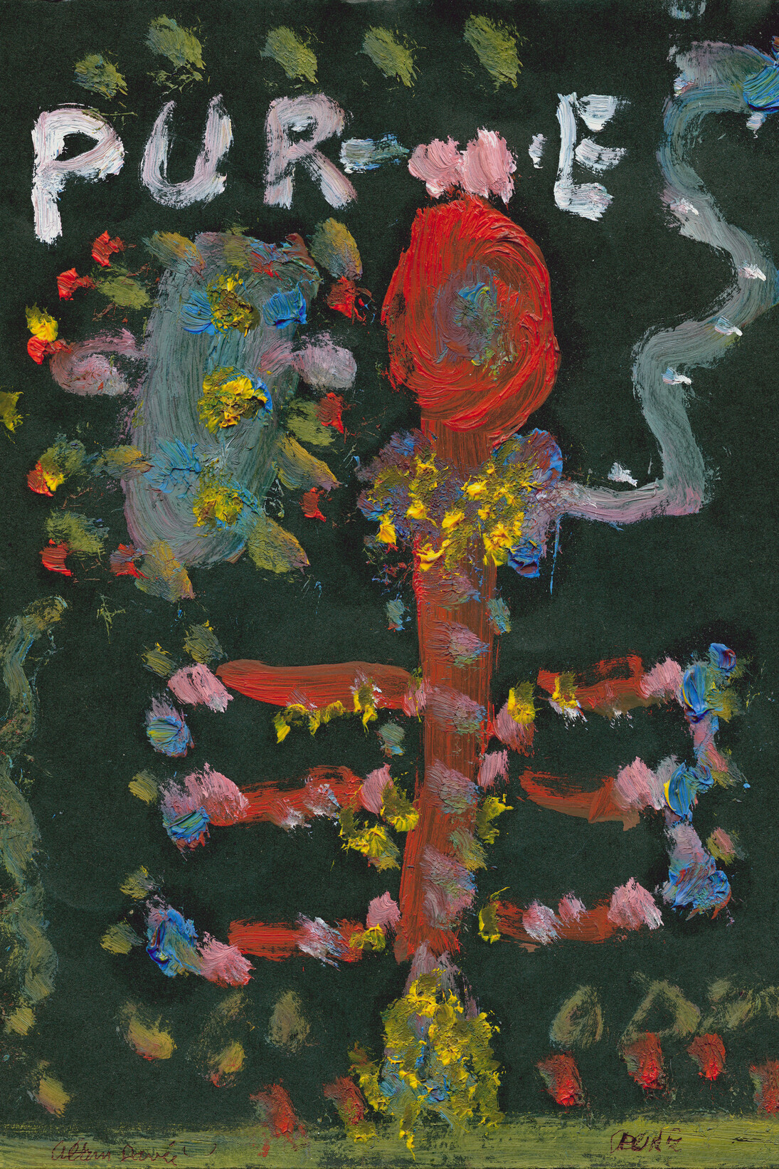 Alan Davie, Purple opus OG.3771, 2012, oil on black paper, 9 1/2 x 7 7/8 in/24 x 20 cm