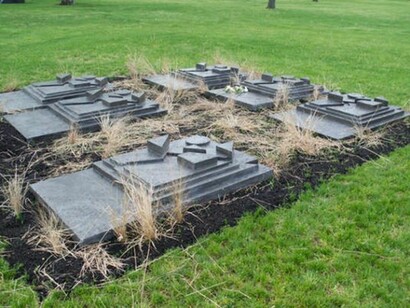 Andra Ursuta, Zombie 1–6, 2013, Marble. 64 x 38 x 9 in. (162 x 97 x 23 cm) each. Installation view, Would It Were Closing Time, and All Well, Frieze Projects, New York, 2013. Courtesy of the artist and Ramiken Crucible, New York.