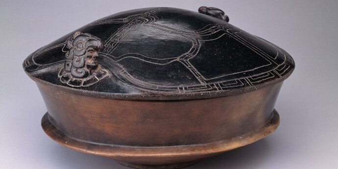 Lidded vessel in the form of a turtle shell”, Central Lowlands, Early Classic Maya. Earthenware. Gift of Gail and J. Alec Merriam in memory of Merle Green Robertson, 2011.55.4a–b