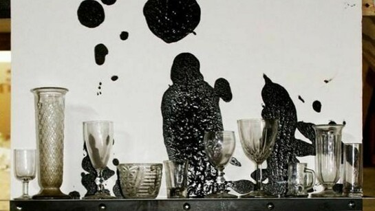 Jannis Kounellis, Untitled 2013 glass, steel and tar on paper on steel 27 1/2 x 39 3/8 in 69.9 x 100cm
