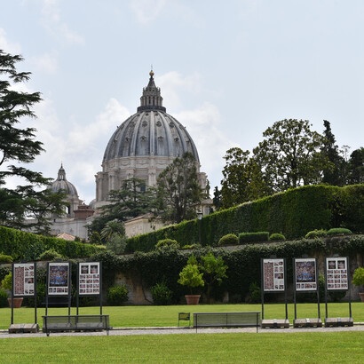 View of Saint Peter's dome from the square garden of the Vatican Museums, Italy