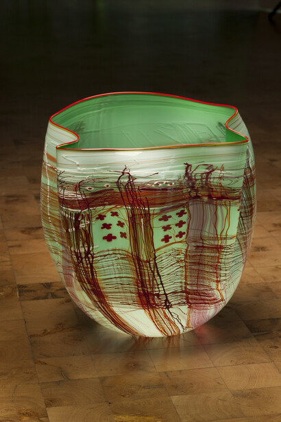 Dale Chihuly, Mint Green White Soft Cylinder with Cherry Lip Wrap, Dimensions: 20 x 19 x 15", Piece Number: 12.111.sc1