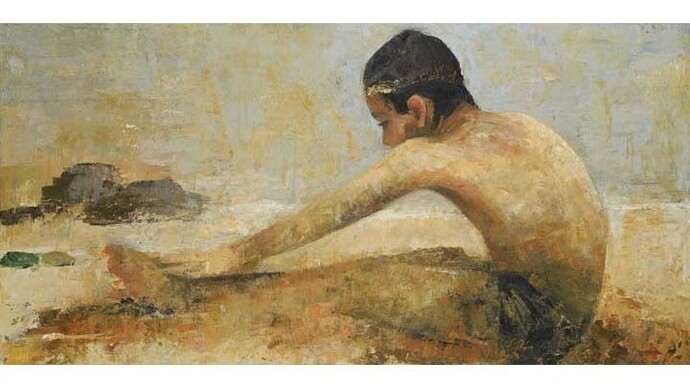 Ġoxwa, Covered In Sand, 2014, Oil & Wax on Canvas, 23½" x 47" 