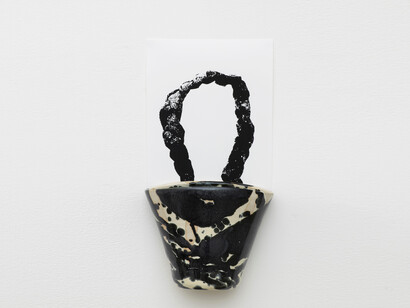 Coco Crampton, Tote, 2014, Hand-thrown and glazed stoneware, digital print on paper, 40 x 21 x 10.5 cm
