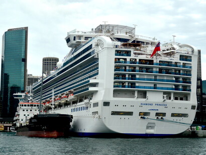 Luxury superliner and Sydney skyline - elite lifestyles devouring the Earth © Ashish Kothari