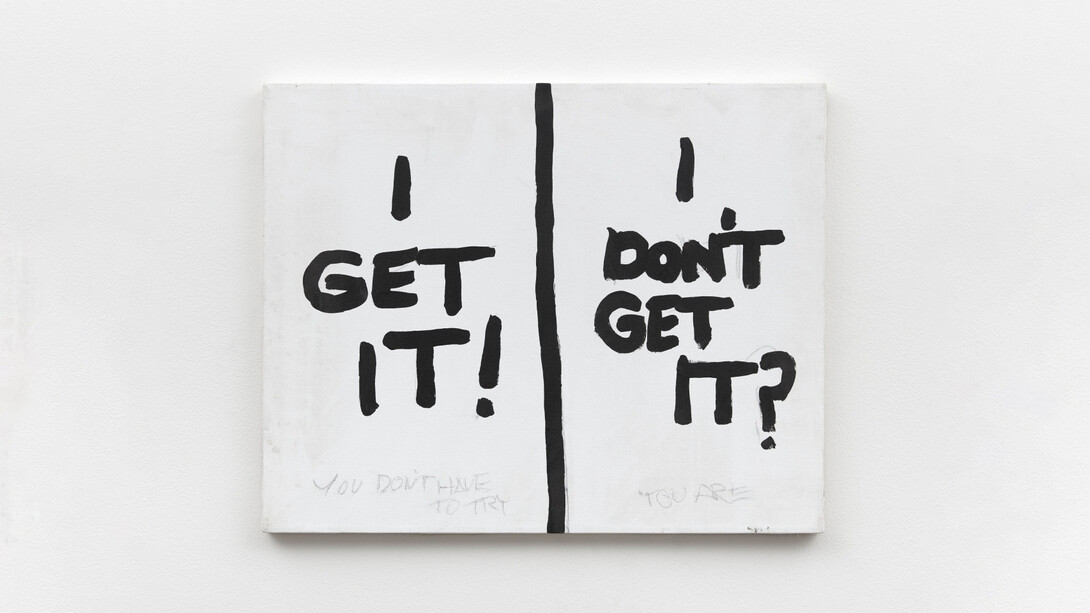 Gene Beery,
I Get It! I Don’t Get It?, 2000s,
acrylic and graphite on canvas,
16 x 20 in (40.6 x 50.8 cm). Courtesy of the artist and Bel Ami Gallery