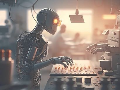 A humanoid robot collaboratively working alongside a machine in a factory, showcasing the integration of artificial intelligence and generative technologies in industrial processes