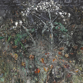 Anselm Kiefer, wohin wir uns wenden im Gewitter der Rosen, 2014, Acrylic, emulsion, oil, shellac, chalk and sediment of electrolysis on photograph mounted on canvas, 280 x 380 cm (110,24 x 149,61 in), Courtesy Galerie Thaddaeus Ropac, Paris/Salzburg © Anselm Kiefer, Photo: Ulrich Ghezzi