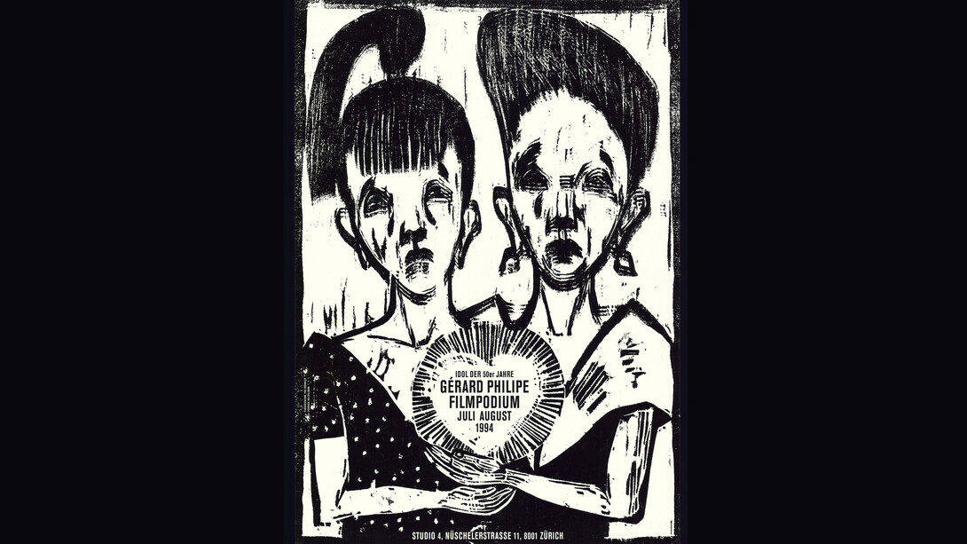Manifesto cinematografico, retrospettiva su Gérard Philipe. Realizzazione grafica: Paul Brühwiler ©1994. Committente: Filmpodium Zurigo