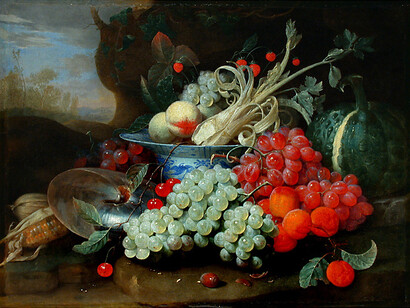 Joris van Son (1623–1667), Natura morta di frutta con conchiglia Nautilus, circa 1660–1665, olio su tela