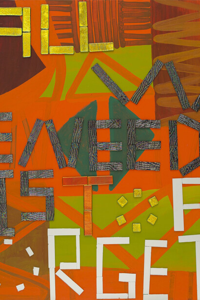 Samuel Jablon, Forget, 2014, acrylic, mirror, dichroic glass, and glass tile, 40 x 36. Courtesy of the artist and Freight+Volume