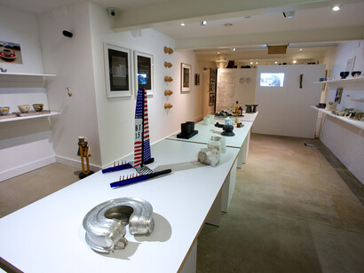 Installation view of Many a Slip, invited artists juggle with the domestic symbol of 'the cup' (2015) at Marsden Woo Gallery, image © Philip Sayer, courtesy of Marsden Woo Gallery, London