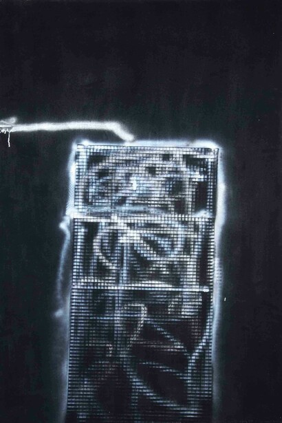 William S Burroughs Unworkable Machine 1993 Acrylic and spraypaint on canvas 183 x 122 cm copyright the Estate of William S. Burroughs, image courtesy October Gallery, London