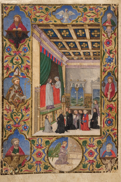 Comunione di un infermo davanti ai confratelli della Scuola. 
Miniatore veneziano, Mariegola della Scuola del Santissimo Sacramento 
nella chiesa di San Nicolò dei Mendicoli, Venezia, XVI sec. codice 
membranaceo. Cortesía de la Fundación Giorgio Cini