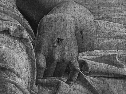 Andrea Mantegna, Il Cristo Morto, Accademia di Brera, Milano, particolare della mano sinistra del Cristo