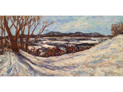Clermont Snowfall, 2013, 12 x 24 inches encaustic on panel by Joshua Brehse