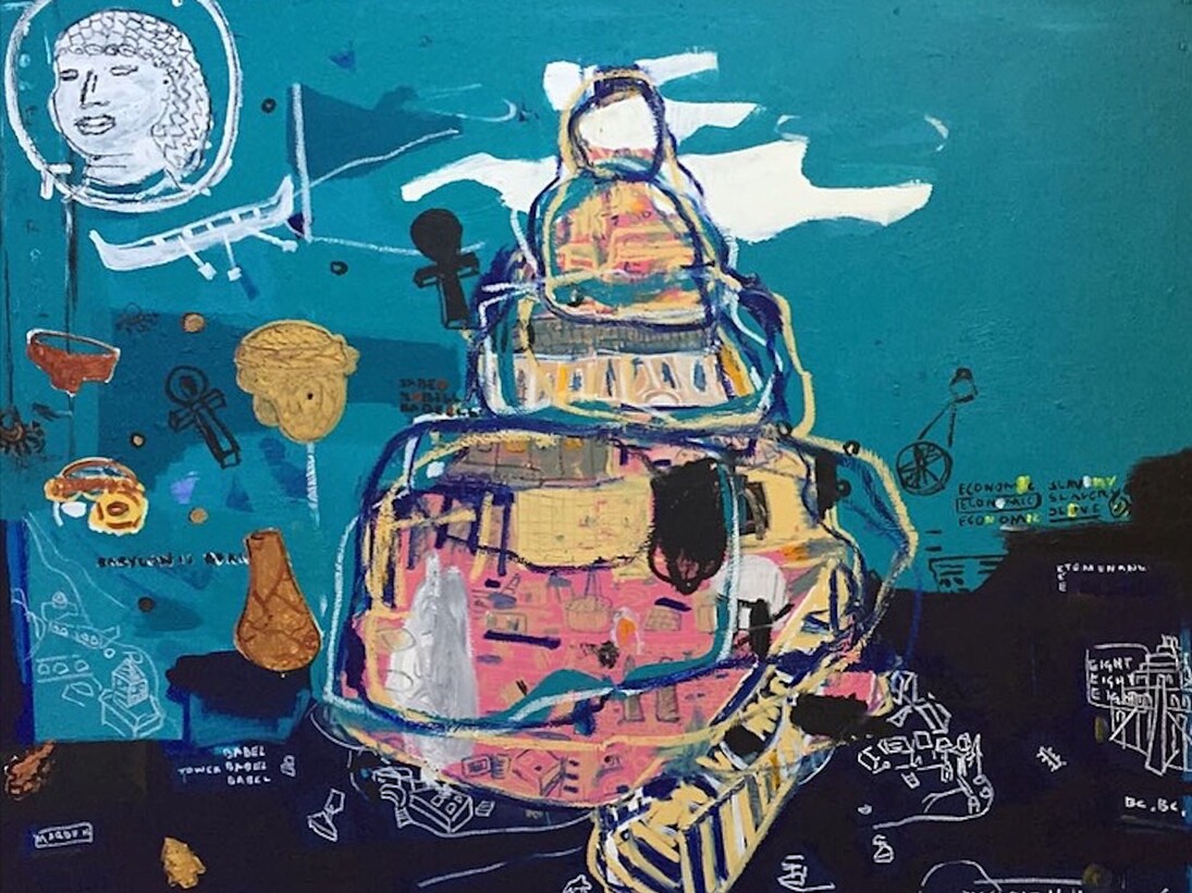 Tower of Babel, 2016, Acrylic and oil on canvas, 183 x 184 cm, Courtesy the artist. 
