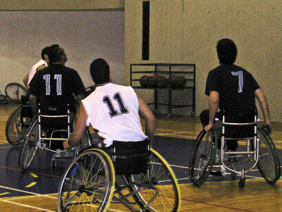 Basketball competition with players in special wheelchairs at Bet Halochem. Photo by Carrie Hart