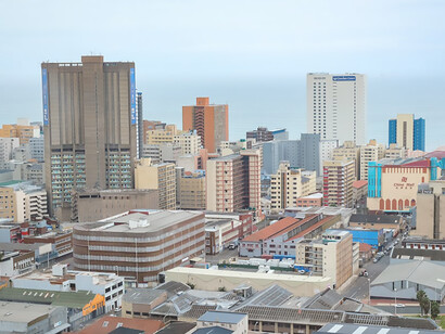 Stunning skyline of Durban, KwaZulu-Natal, South Africa, featuring high-rise buildings, emblematic of urbanization in the region